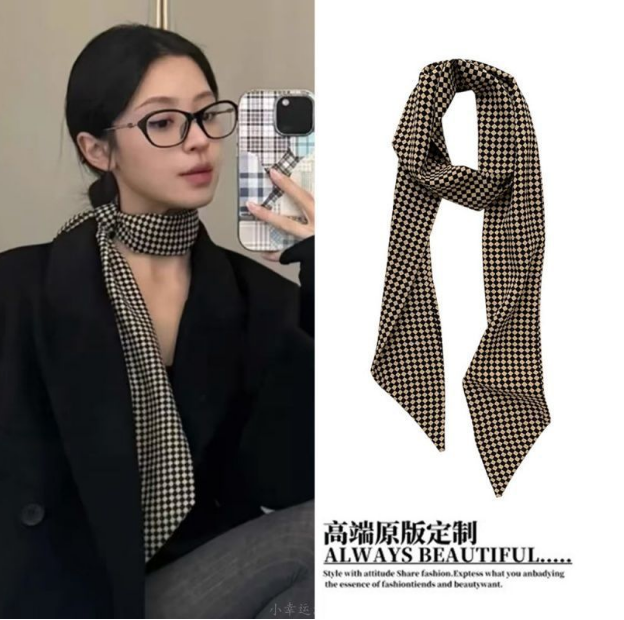韩系简约黑白格子丝巾女高级感搭职业西装衬衫围巾长条项链系围脖