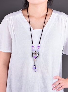 新中式国风唐装复古民族风毛衣链女长款项链吊坠挂件配饰白玉花瓣