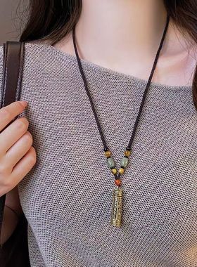 泊尔檀木质吊坠项链女款秋冬新中式复古长款毛衣链串珠挂绳件配饰