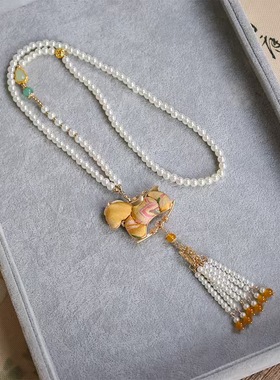 新中式串珠珍珠国风宋锦挂件长款毛衣链古风项链汉服配饰马上有钱