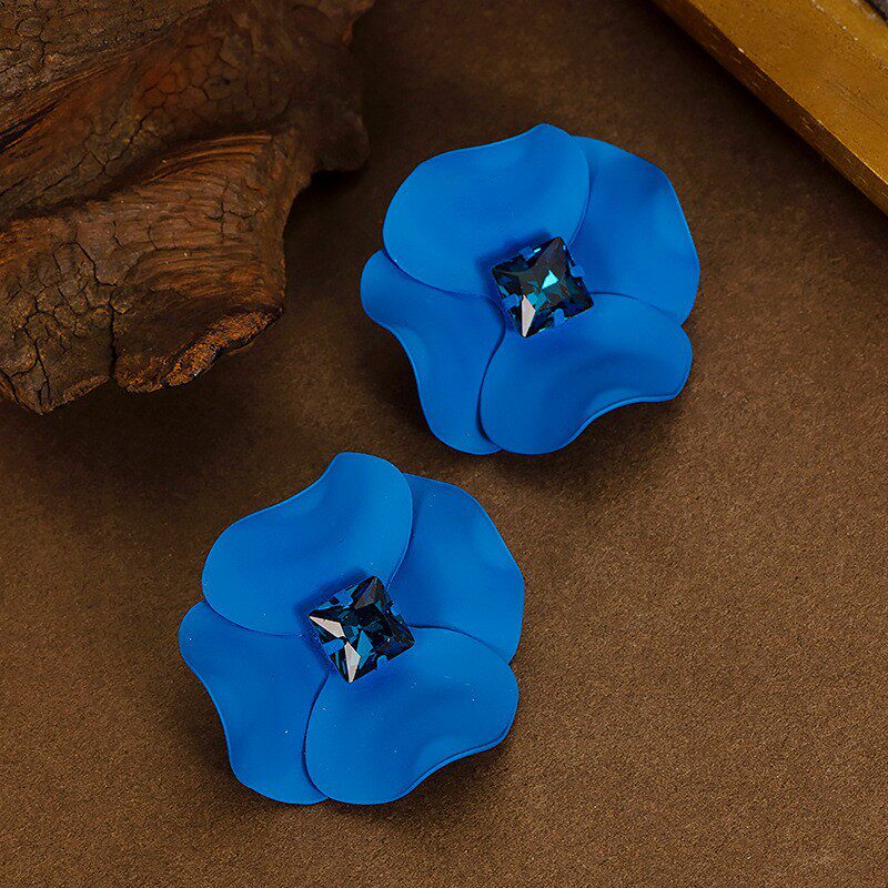 法式轻奢甜美蓝色立体花朵高端简约耳钉耳环女气质百搭高级感耳饰