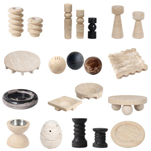 天然黄洞大理石烛台复古圆形香薰香炉摆件样板间客厅方形果盘装饰