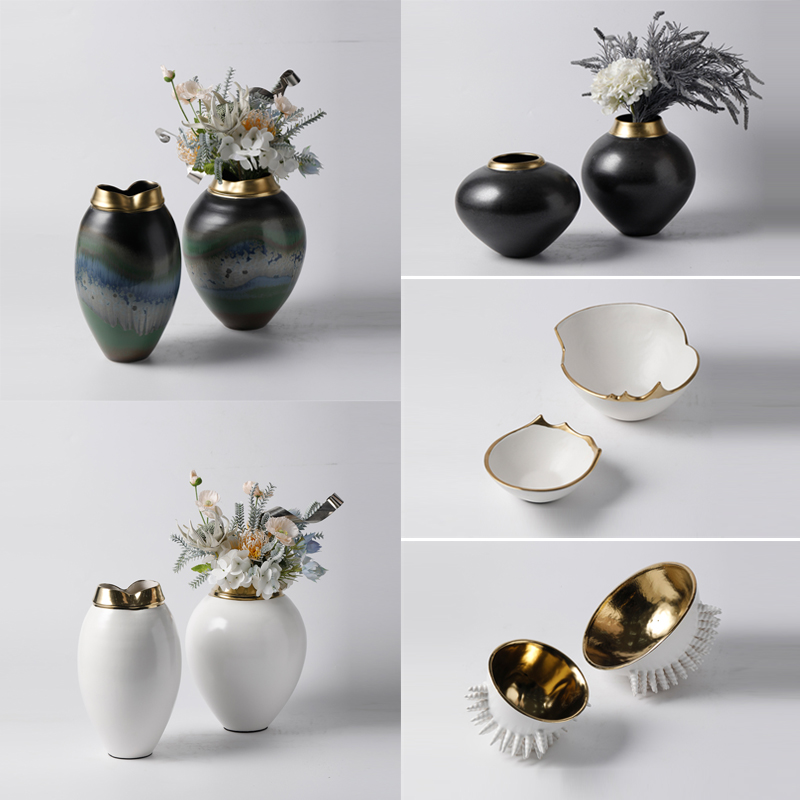 现代简约新中式陶瓷花瓶果盘摆件