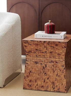 手工贝壳咖色竖条纹圆墩边几茶几