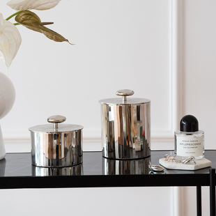 进口铝制金银色储物棉签收纳罐现代北欧样板房梳妆台首饰盒装 饰品