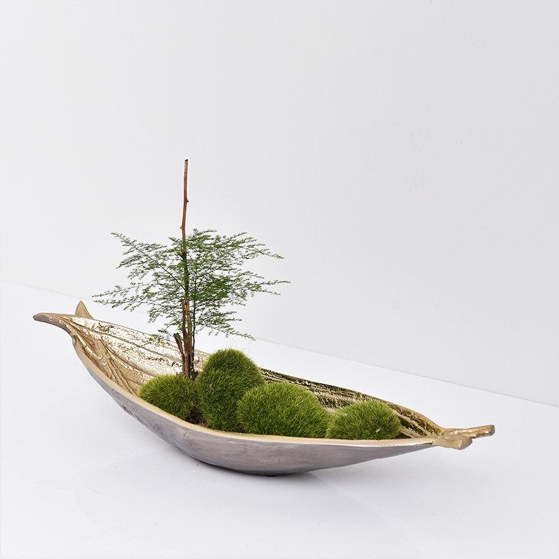 进口铝制金属树叶船型灰金长条果盘插花器摆件现代新中式玄关装饰,家居饰品,装饰摆件,淘宝优惠券,粉丝福利购,淘宝优惠卷
