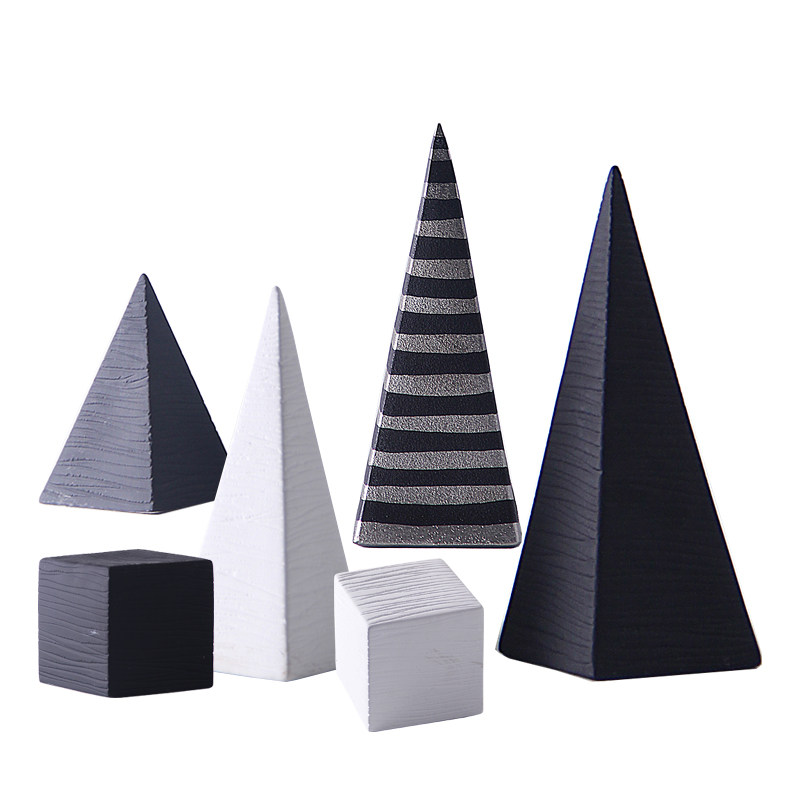 现代简约北欧纹路金字塔形陶瓷几何条纹摆件黑白正方体圆形装饰品