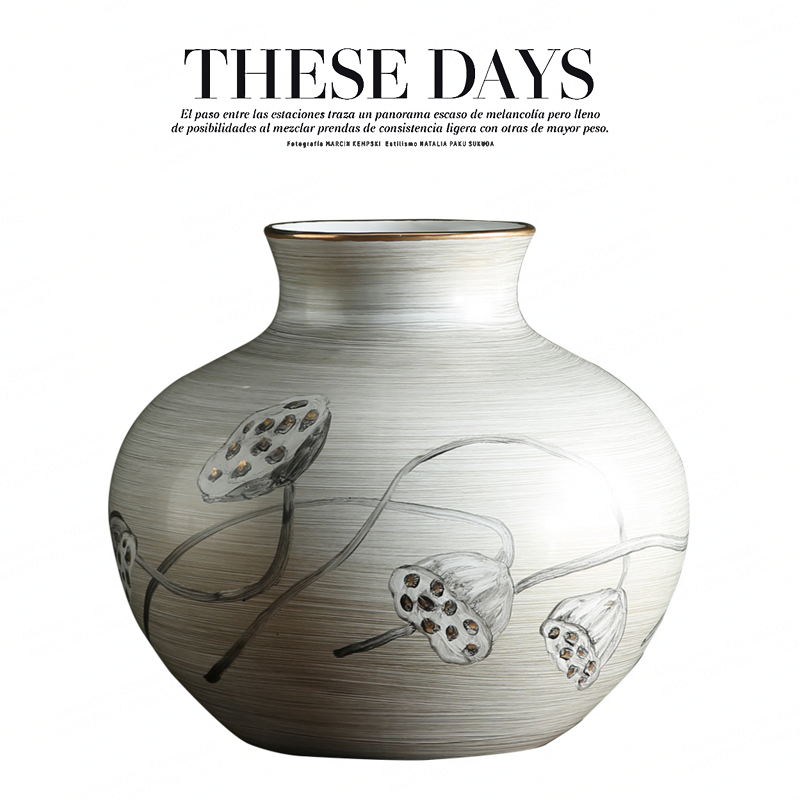 水墨莲蓬陶瓷手绘花瓶花器摆件 中式家居客厅插花酒柜装饰工艺品