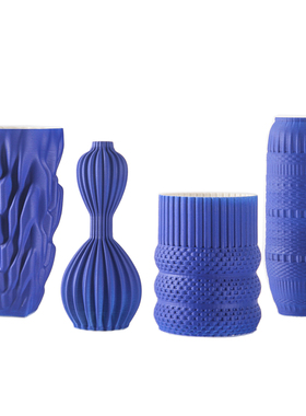 现代简约蓝色3D打印褶皱几何纹理创意陶瓷花瓶摆件样板间酒店装饰