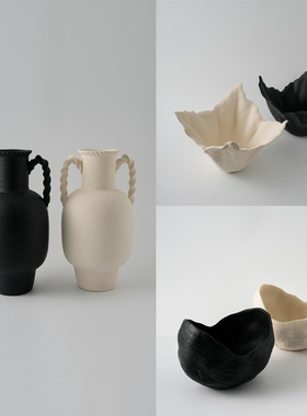 双耳陶瓷花瓶摆件果盘花盆装饰