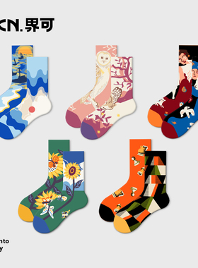 JKN情侣油画袜子女秋冬中筒袜男2025新款ins潮流街头美式复古长袜
