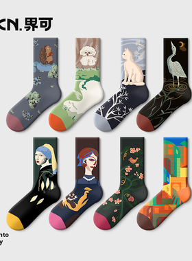 JKN油画袜子女秋冬款情侣中筒袜ins潮2025新款法国复古无骨长袜棉