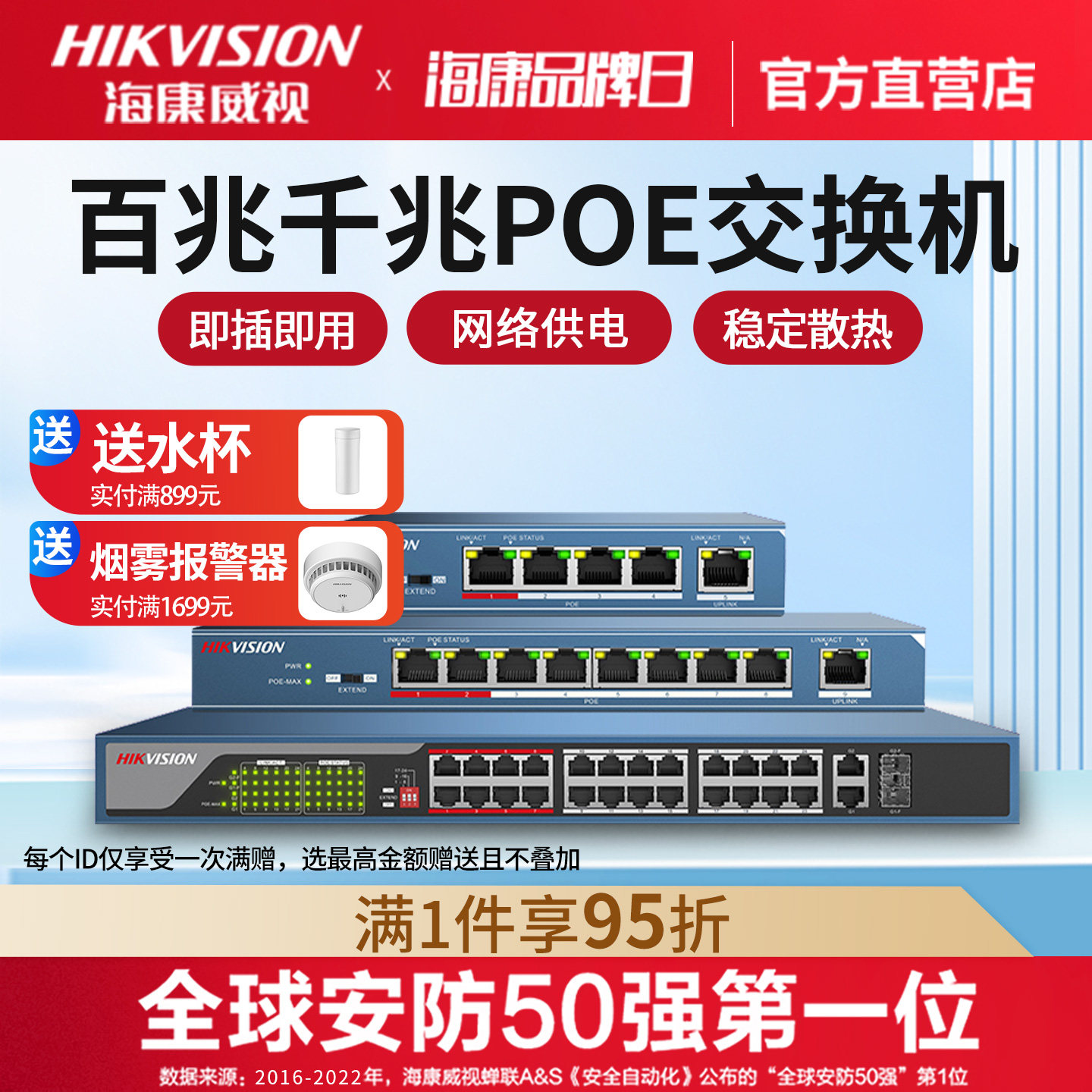 海康威视poe交换机4口5口8口16口24口百兆千兆高功率监控专用网线供电国标48v交换机