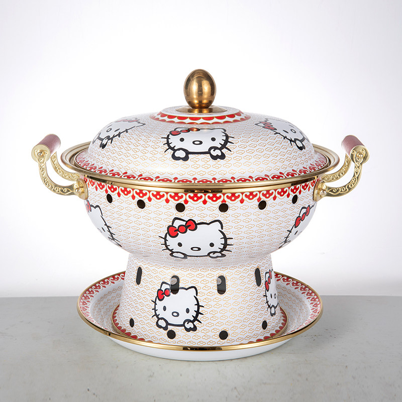 网红HelloKitty珐琅彩环保油铜火锅景泰蓝单人酒精锅纯铜家用商用
