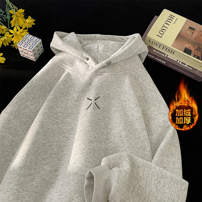 纽扣连帽卫衣男款冬季加绒加厚