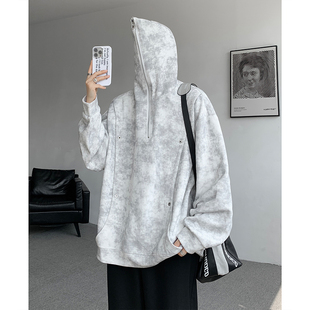 扎染脏脏卫衣男款春秋季加绒520g重磅硬挺设计感美式解构连帽外套