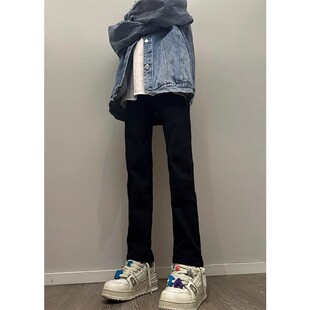 黑色软牛仔裤男款春秋季加绒加厚直筒修身窄版裤子美式复古微喇裤