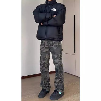 美式复古高街迷彩牛仔裤男款秋冬加绒伐木微喇裤子潮牌直筒工装裤