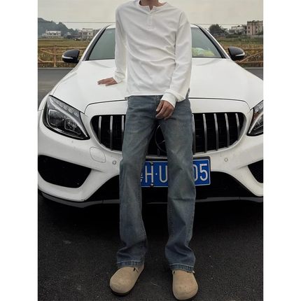 深蓝色直筒牛仔裤男款秋冬美式高街vibe加绒裤子显瘦窄版微喇叭裤