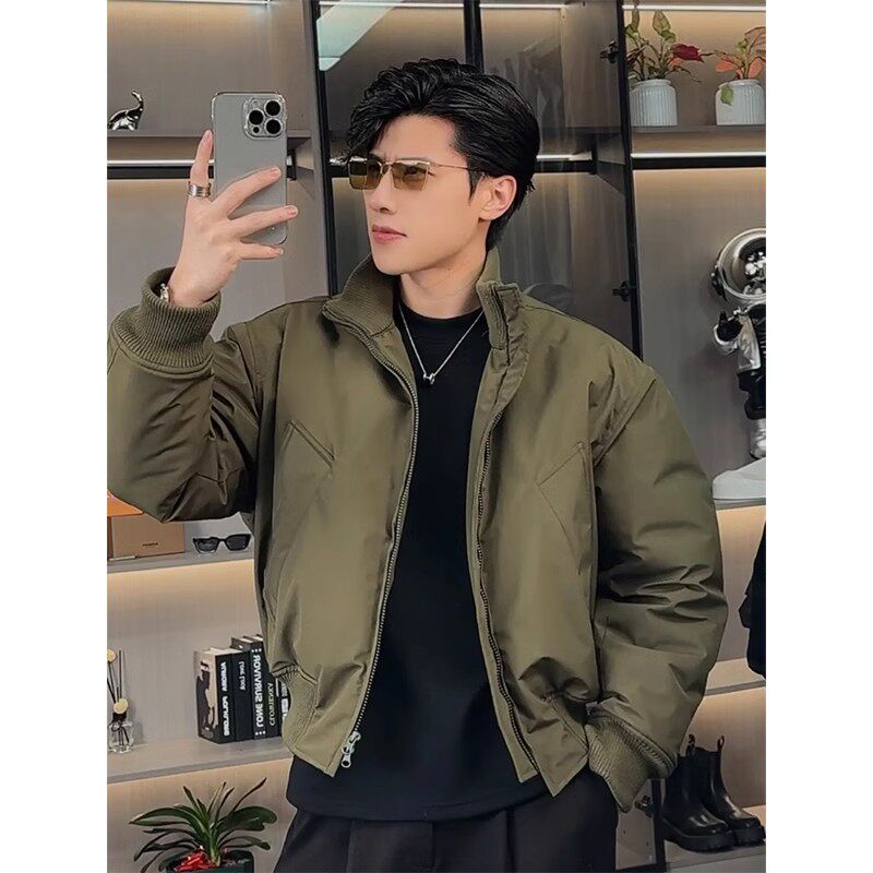 军绿色廓形短款飞行夹克棉服男冬季潮牌加厚加棉美式工装夹棉外套