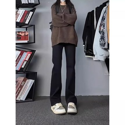 黑色弯刀牛仔裤男款秋冬加绒加厚直筒裤子高街美式vibe修身微喇裤