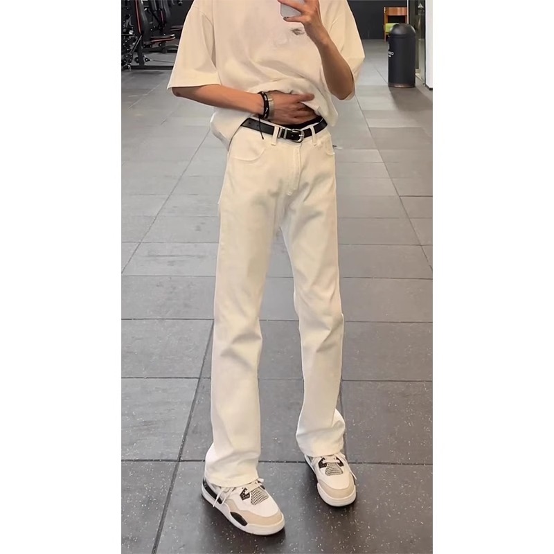 白色高腰皮带款牛仔裤男款牛仔裤