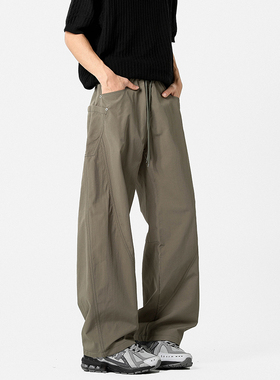 侧边多口袋明线军绿色工装裤男夏美式高腰显瘦阔腿弯刀微喇长裤子