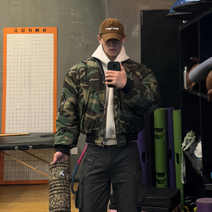 美式复古双面穿迷彩飞行夹克棉服男款冬季短款廓形bomber棉衣外套