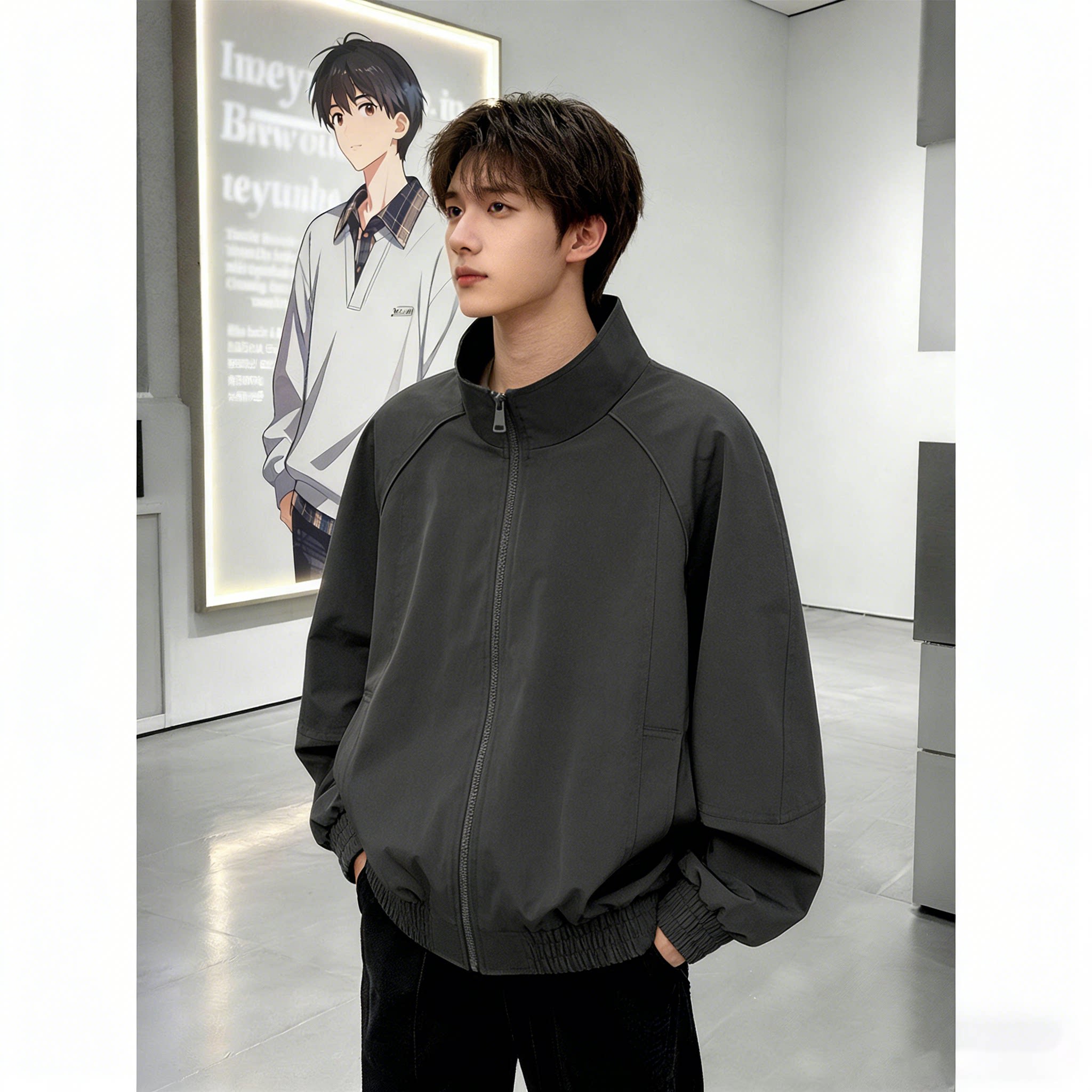 深灰色解构正肩短款夹克男春截短单色立领棒球服廓形飞行工装外套