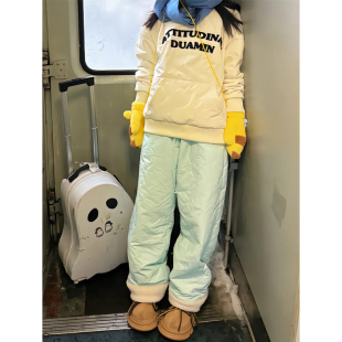 eaho羊羔绒棉裤女冬季加厚东北零下40度裤子哈尔滨雪乡加绒滑雪裤