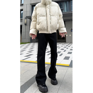 黑色高弹弯刀牛仔裤男款秋冬加绒cleanfit裤子高街美式窄版微喇裤