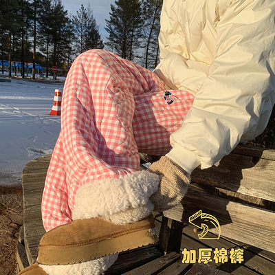 eaho粉色格子裤男款冬季羊羔毛加绒加厚棉裤东北防寒直筒阔腿卫裤
