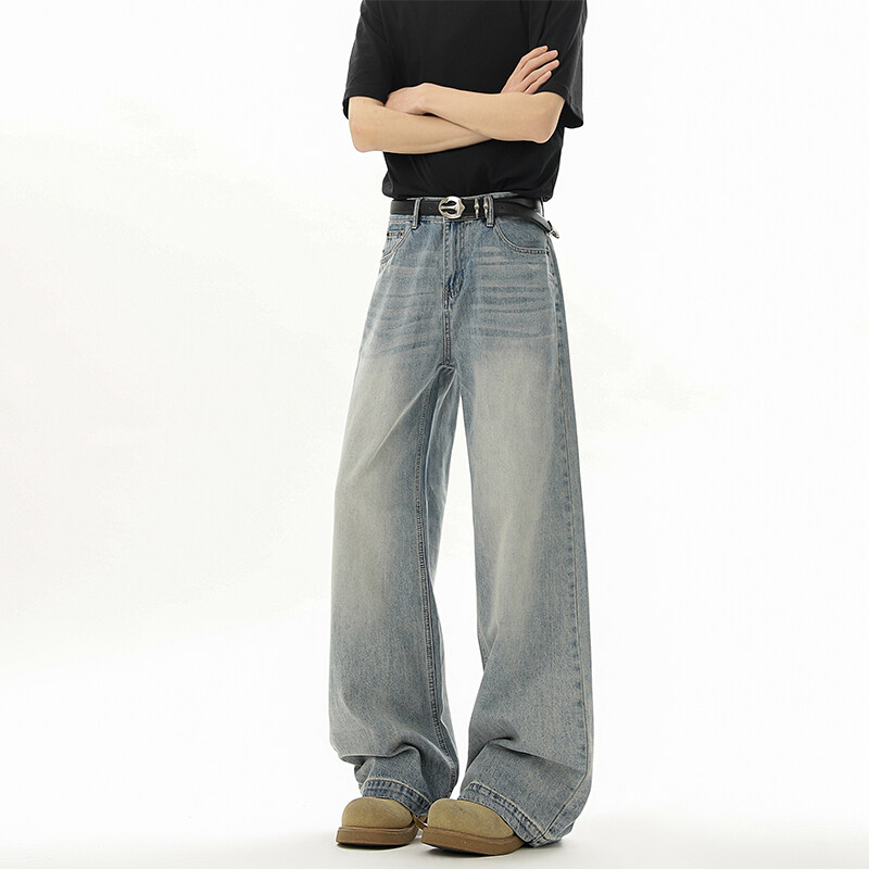 浅蓝色复古做旧水洗牛仔裤男夏季