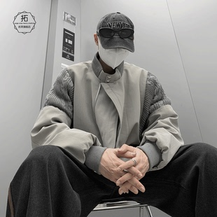 ulzzang外套男春秋美式复古痞帅高街棒球服宽松针织垫肩飞行夹克