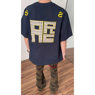 fykshop藏青色民族风字母刺绣短袖男夏潮牌重磅正肩美式球衣风t恤