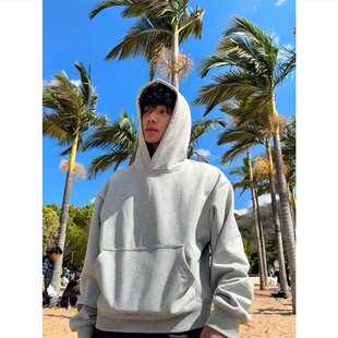 520g重磅硬挺灰色卫衣男春秋季高街美式复古oversize连帽叠穿外套