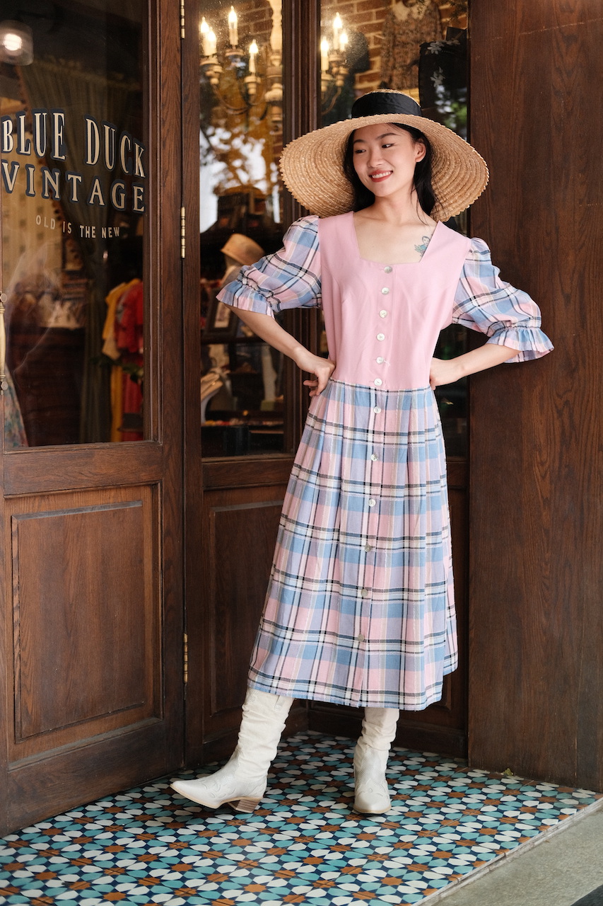 vintage巴伐利亚粉色格纹传统dirndl连衣裙古着