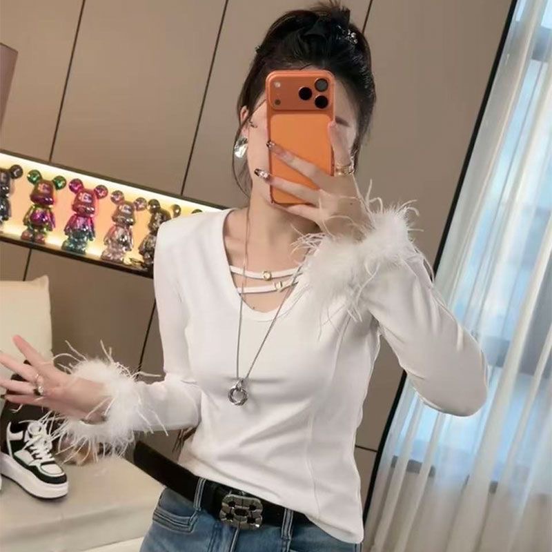 2025秋冬新款时尚长袖假两件设计感宽松T恤女叠穿两件套加绒长衫