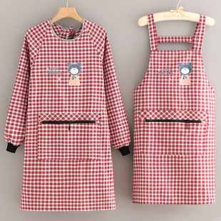 家庭主妇做菜洗碗手机防丢口袋围兜兜棉布长袖围裙厨房透气罩衣女