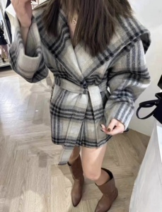 2024春季新款韩版东大门海军领腰带格纹双面羊绒毛呢大衣外套女