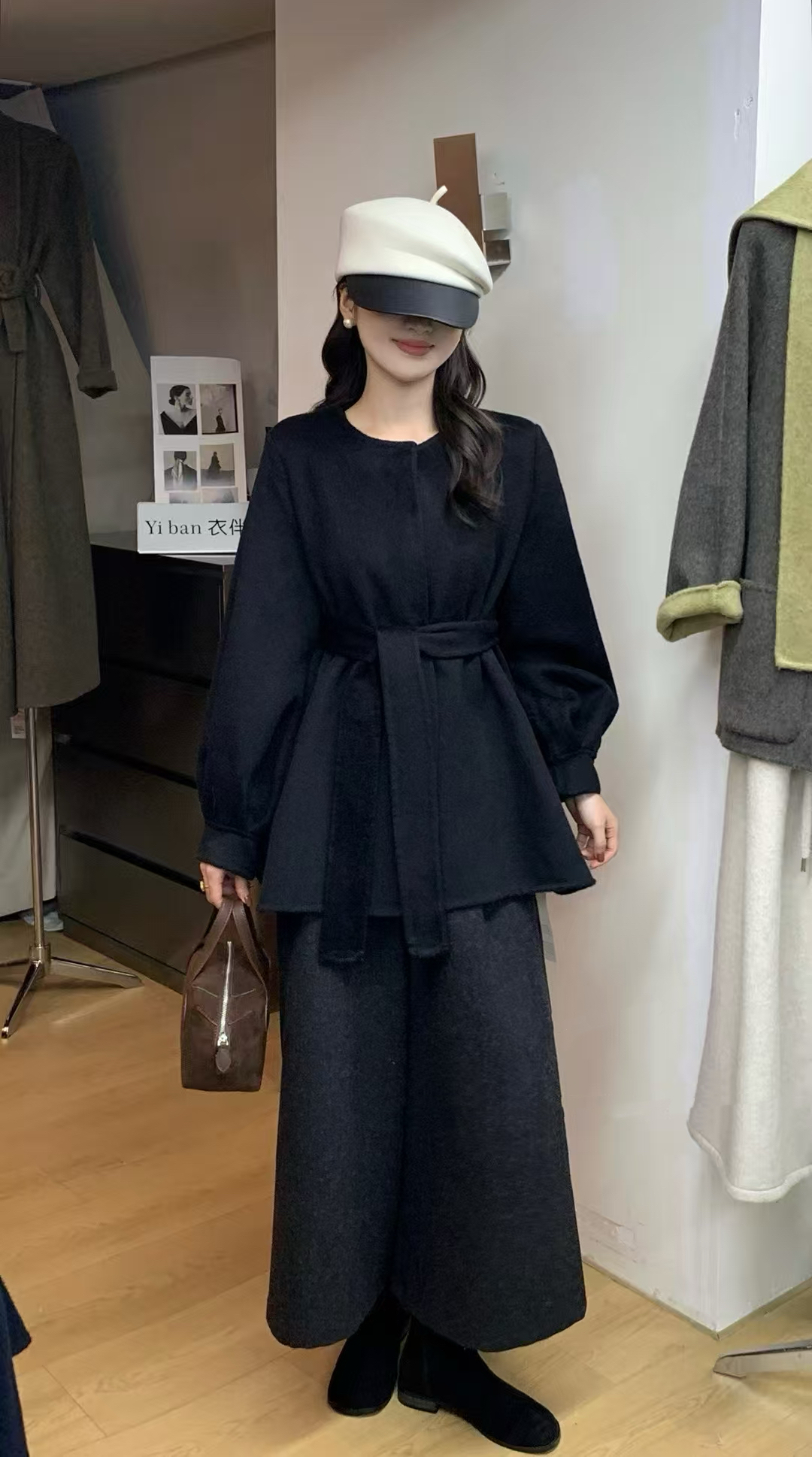 2025秋冬新款灯笼袖双面羊毛外套女收腰系带大衣气质百搭女装上衣