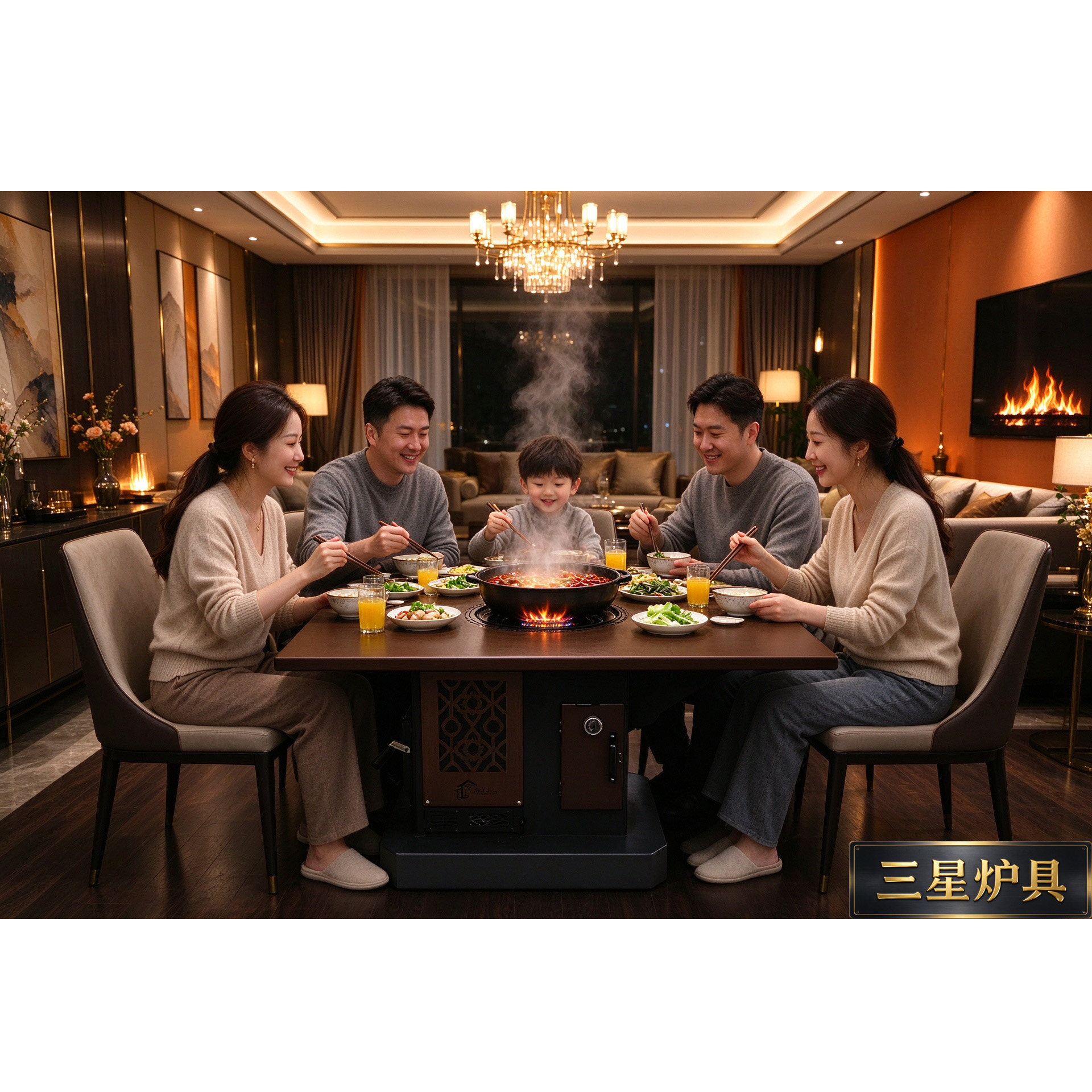 家用燃气取暖炉客厅火锅炉木质餐桌烤火炉冬季保暖