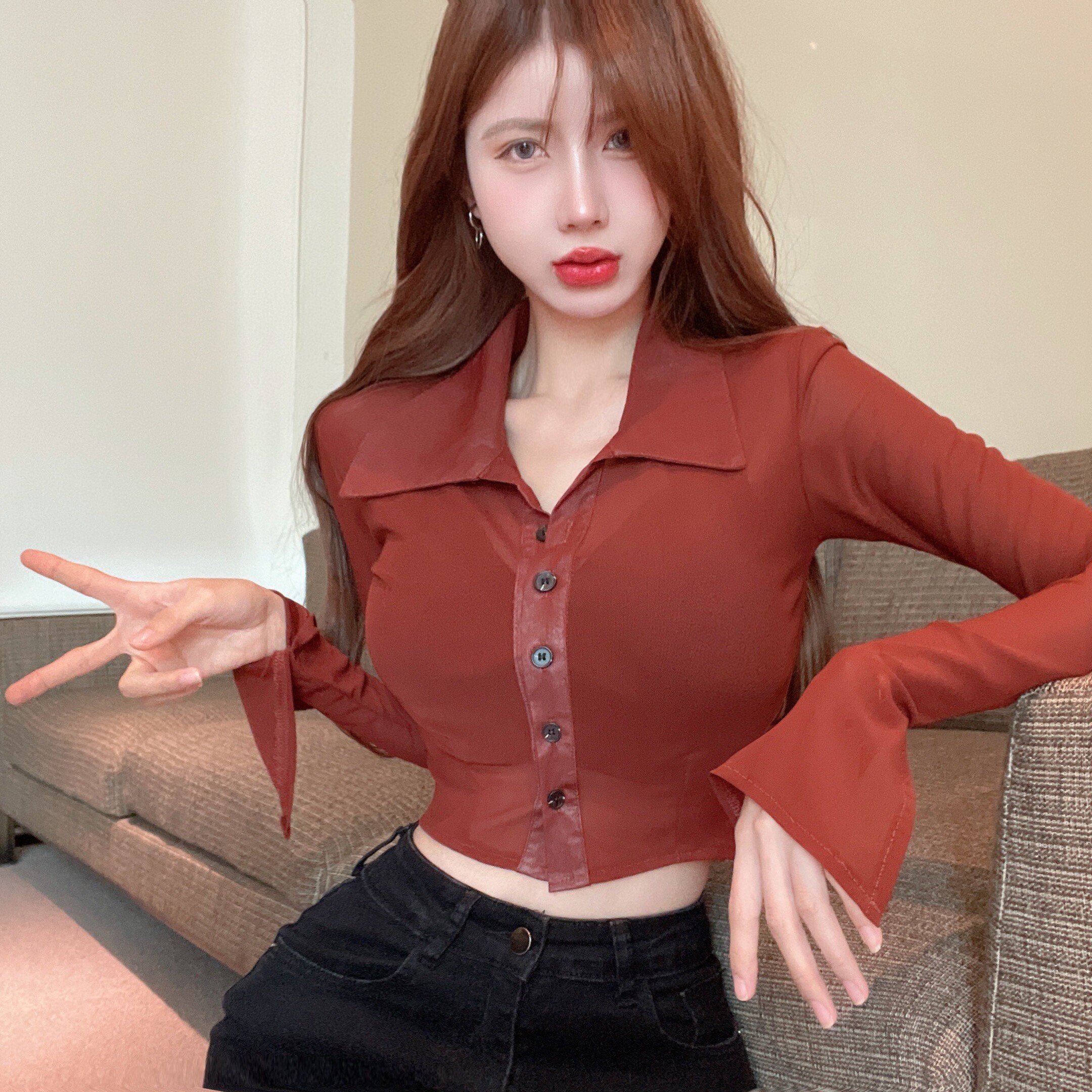 折扣店特价女装尾货剪标小众设计感polo领复古短款辣妹收腰衬衫