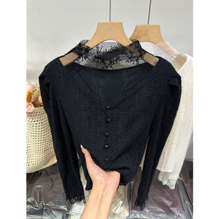 内搭上衣 复古磨毛蕾丝拼接半高领气质泡泡袖 外贸折扣女装 清仓特价