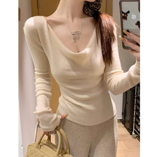 外贸折扣女装清仓特价温柔甜妹风荡领粉色显瘦短款上衣长袖针织衫