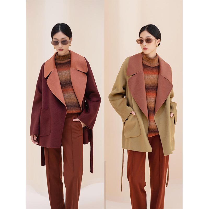 TINNTINN双面双色澳洲羊毛水波纹西装领廓形小个子短款大衣外套女