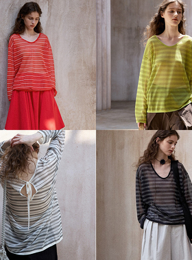 TINNTINN 丝麻凉感超薄透撞色条纹空调长袖针织罩衫