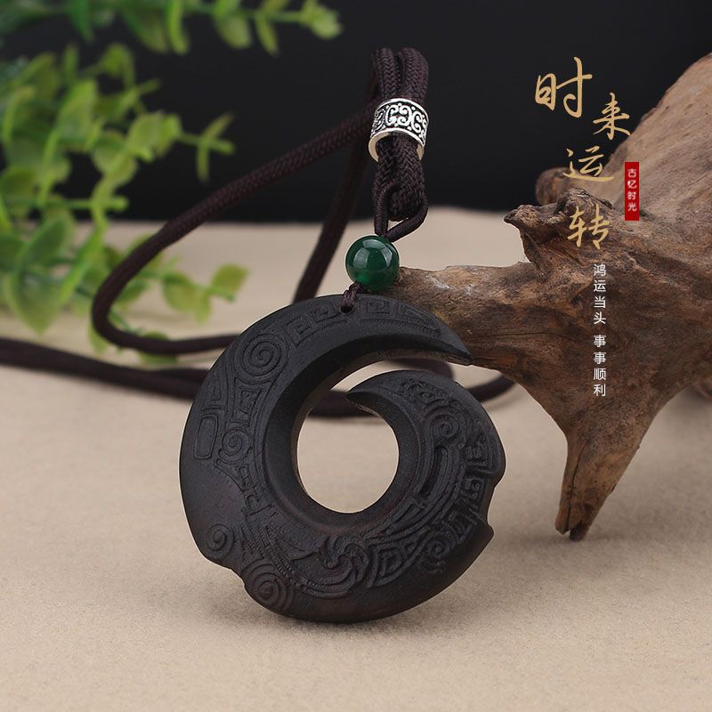龙勾复古黑檀木吊坠长款项链简约