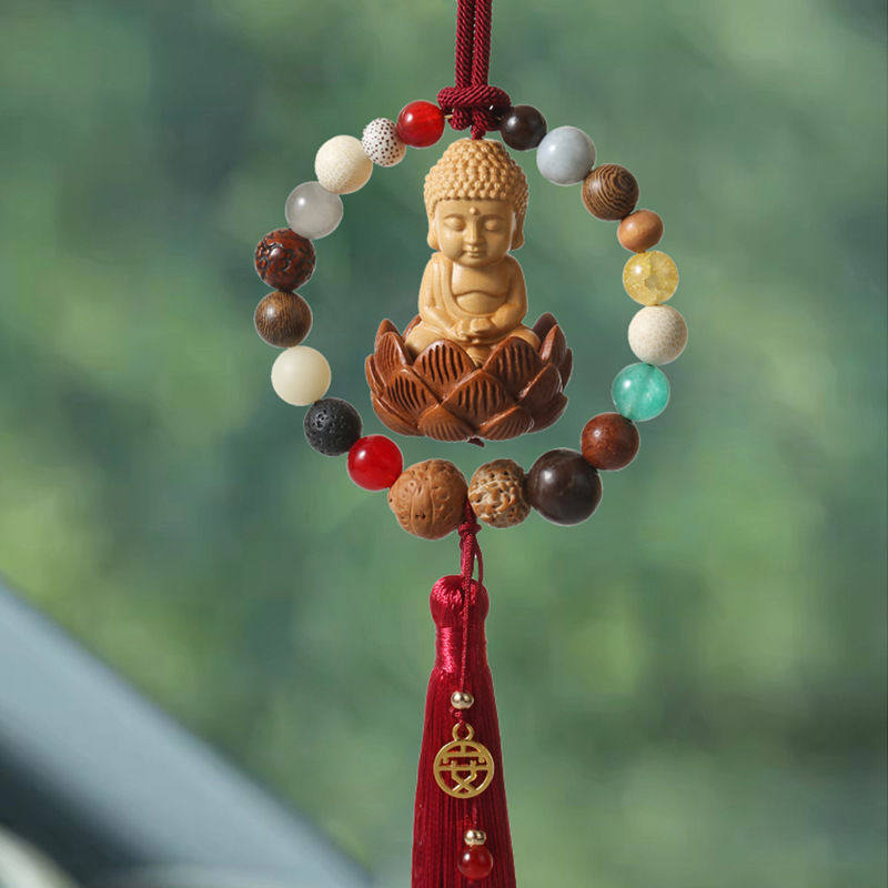 汽车挂件车内吊饰车载后视镜保平安十八籽菩提桃木莲花观音佛装饰