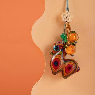 洛阳博物文创柿柿如意手工三彩马车钥匙挂绳檀木雕礼物旺运手机饰